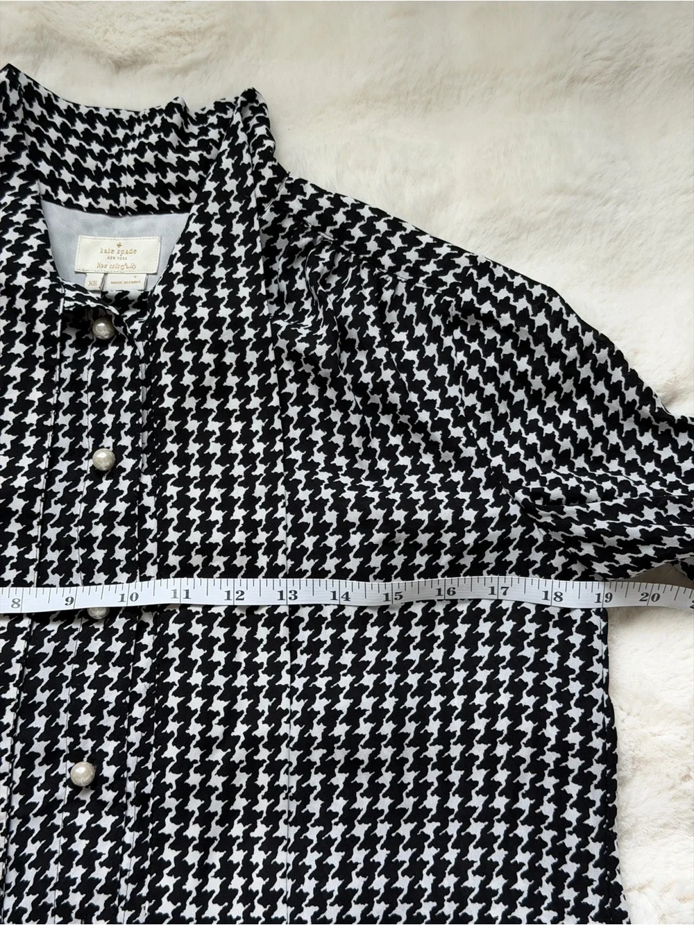 Kate Spade New York Black and White Houndstooth Tie-Neck Blouse - XS